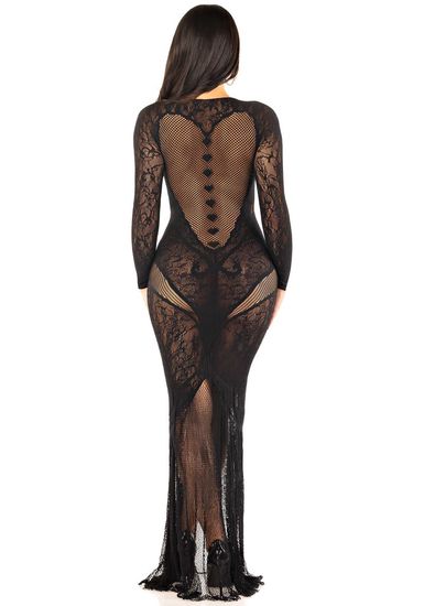 Leg Avenue - Mermaid dress - Lange Bodystocking Jurk - Lange Mouwen - Visnet - Zwart