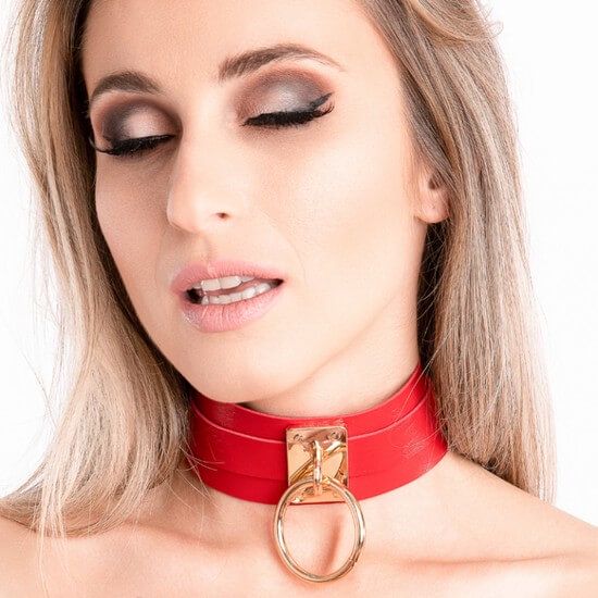 Kinky Diva - O-Ring Collar - Choker - BDSM - PU Leer - Rood - Goud